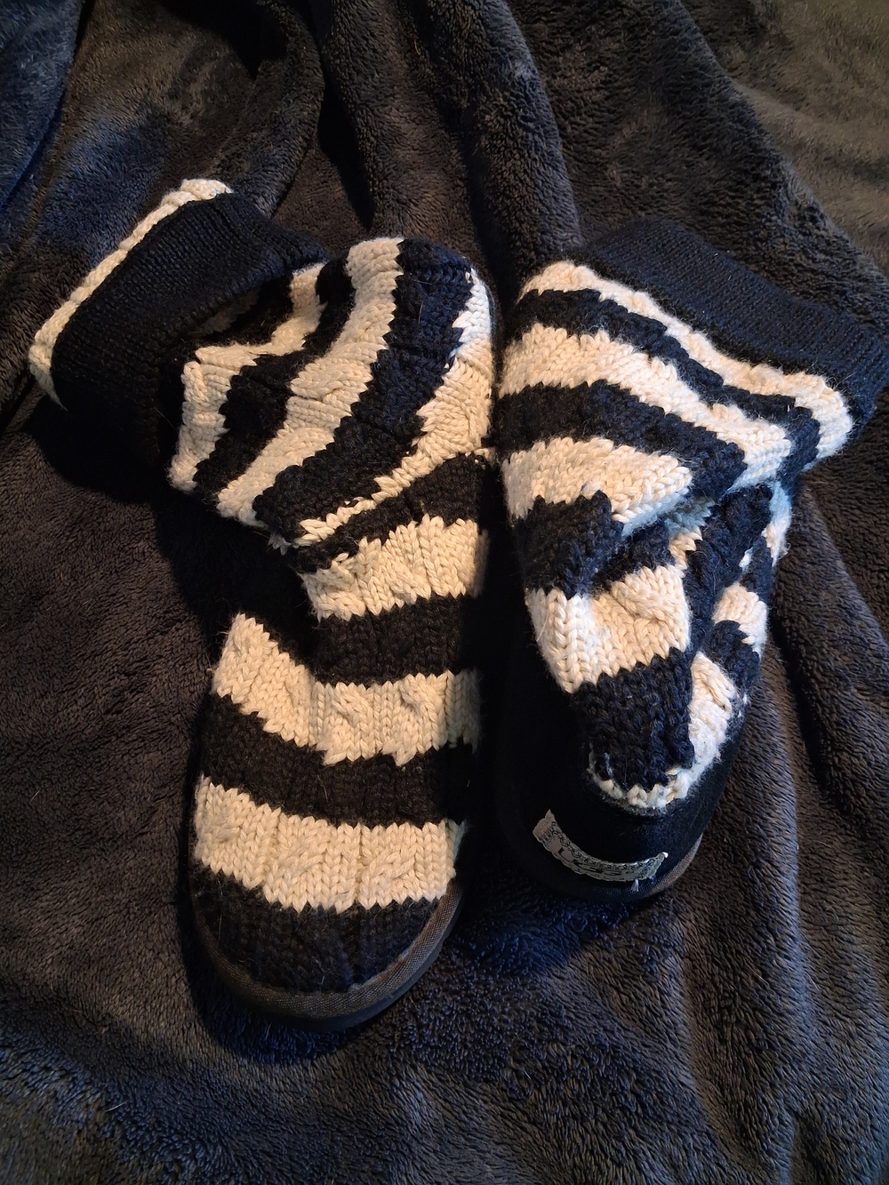 UGG Black & White Striped Knit Slipper Boots